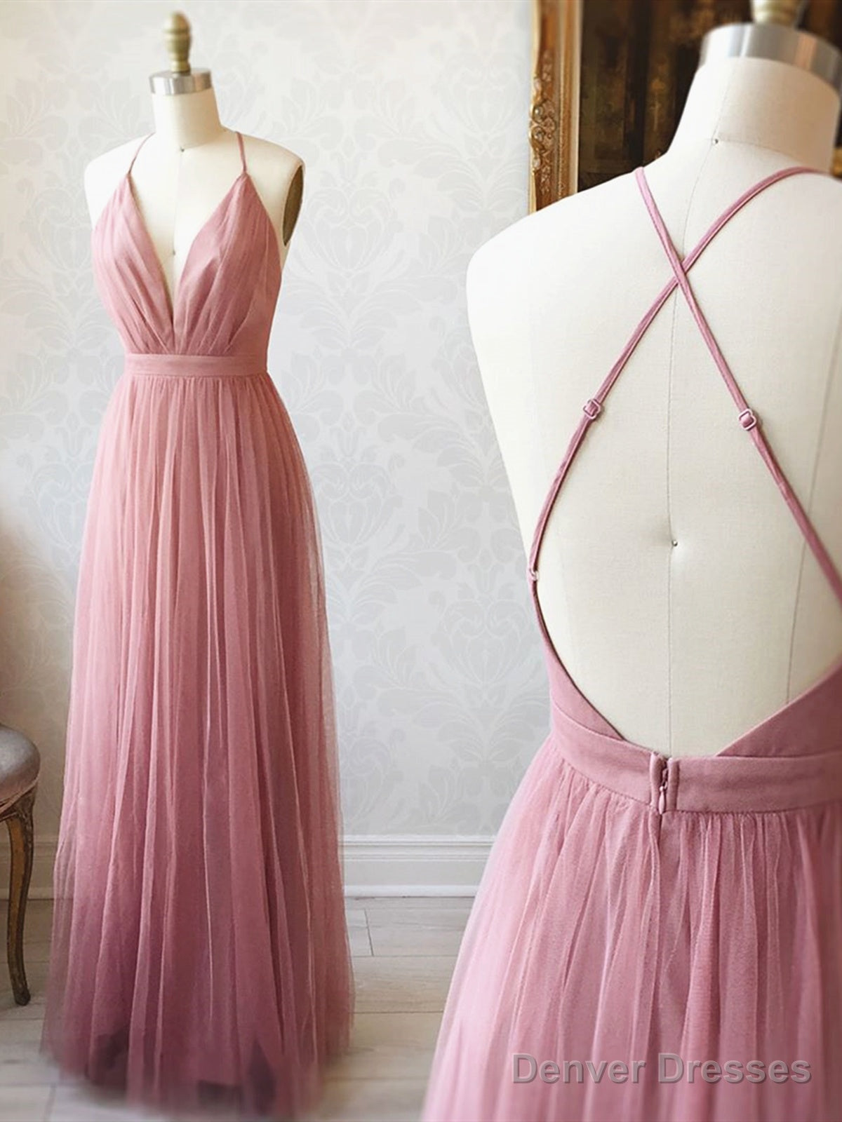 A Line V Neck Pink Backless Prom Dresses, V Neck Pink Backless Formal Evening Bridesmaid Dresses Main image