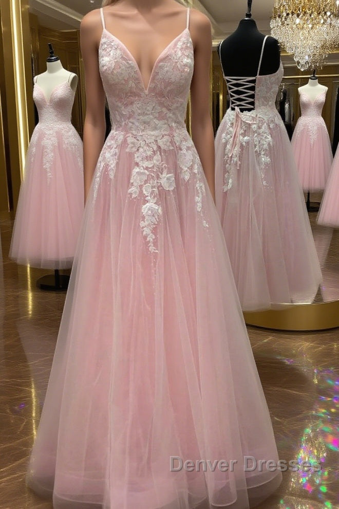 A Line V Neck Pink Lace Floral Long Prom Dress, Pink Lace Formal Dress, Pink Evening Dress