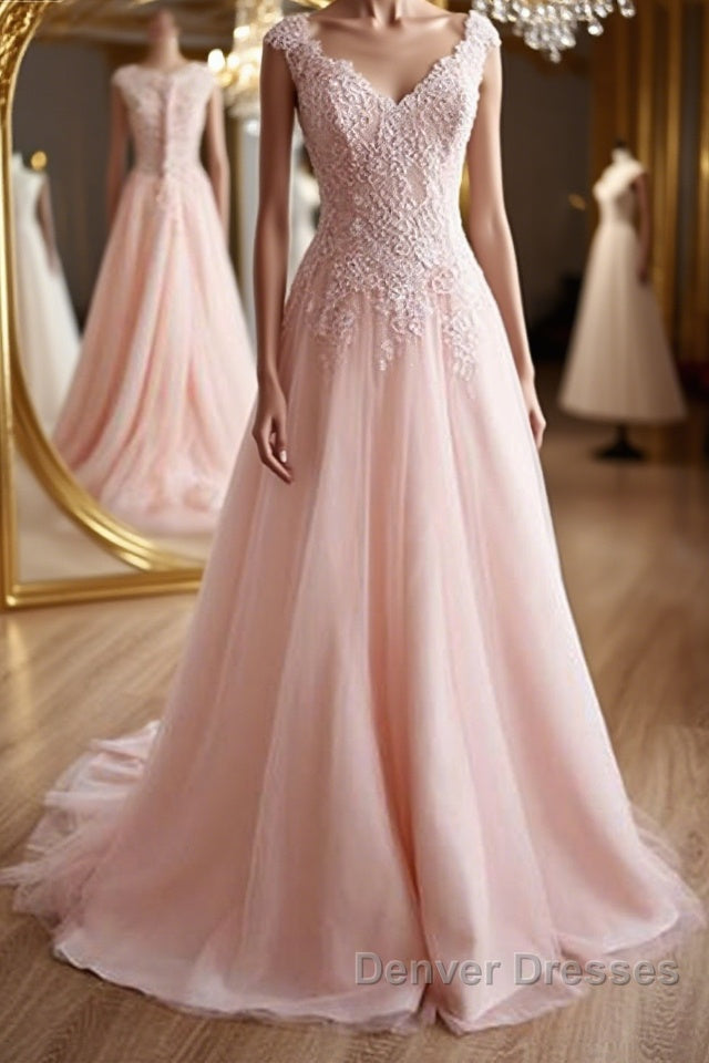 A Line V Neck Pink Lace Long Prom Dress, Pink Lace Formal Graduation Evening Dress Main image