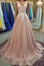 A Line V Neck Pink Lace Long Prom Dress, V Neck Pink Formal Dress, Pink Lace Evening Dress