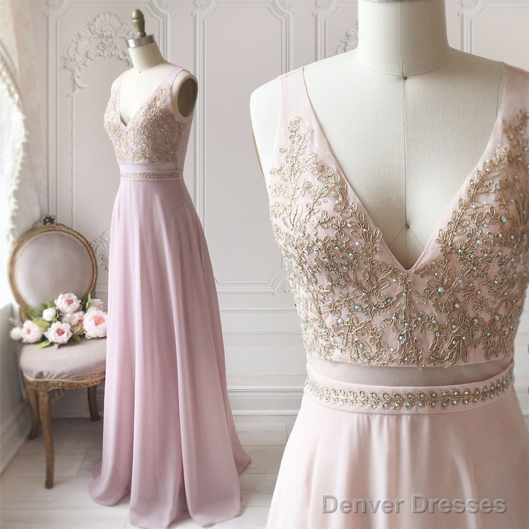 A Line V Neck Pink Lace Prom Dresses Long, Pink Long Lace Formal Bridesmaid Dresses Secondary image
