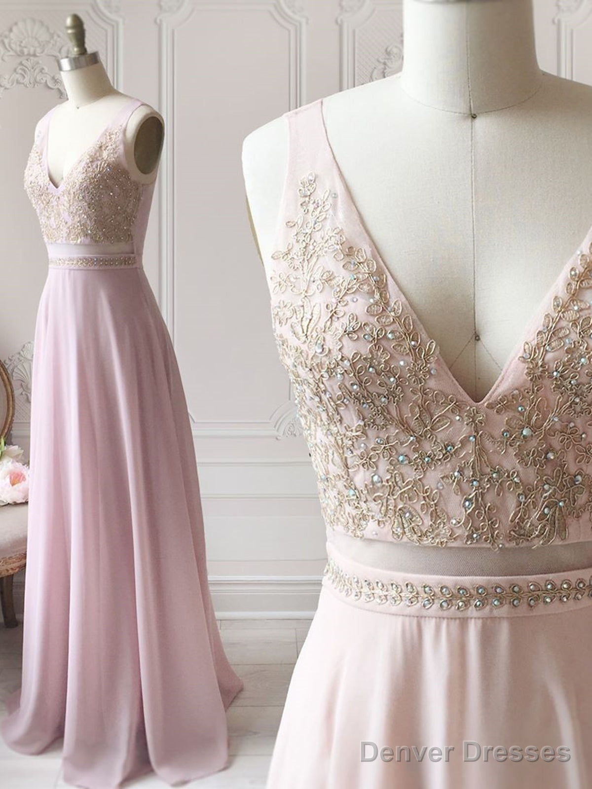A Line V Neck Pink Lace Prom Dresses Long, Pink Long Lace Formal Bridesmaid Dresses Main image