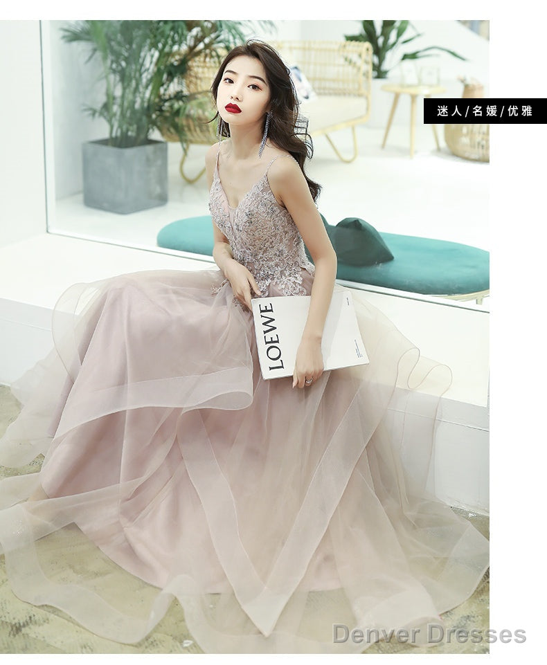 A-Line V Neck Pink Long Prom Dress, Pink Formal Graduation Dress With Lace Beading