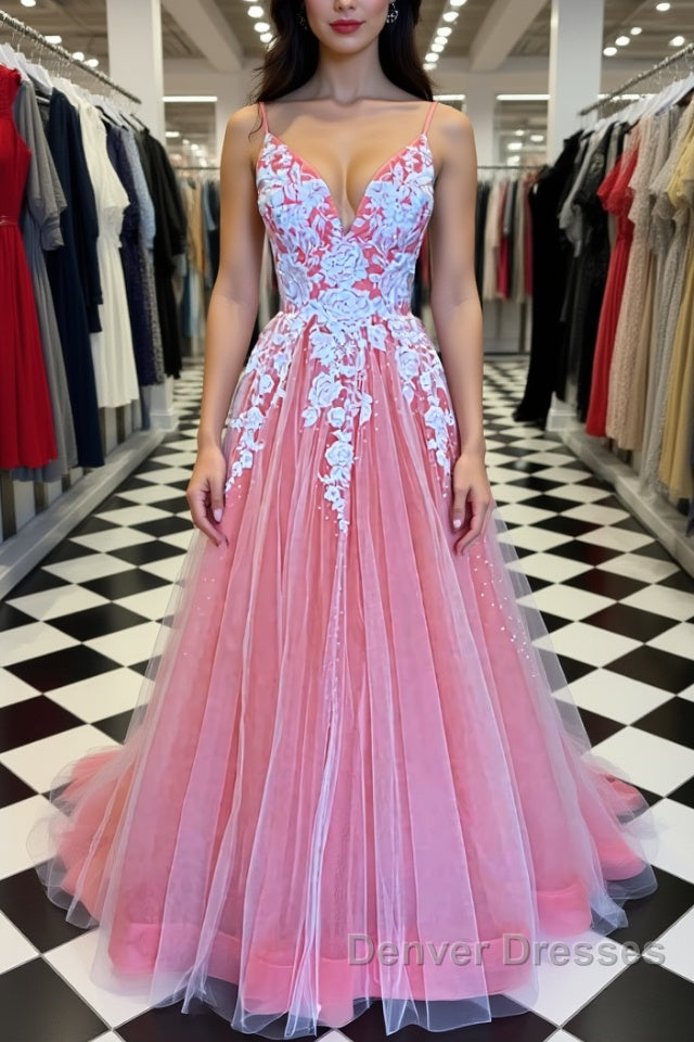 A Line V Neck Pink Long Prom Dress with Lace Appliques, V Neck Pink Formal Dress, Pink Evening Dress Main image