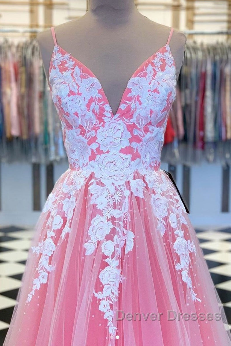 A Line V Neck Pink Long Prom Dress with Lace Appliques, V Neck Pink Formal Dress, Pink Evening Dress Secondary image