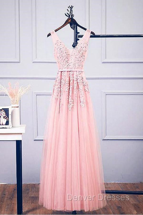 A-Line V Neck Pink Tulle Lace Applique Long Prom Dress Evening Dress