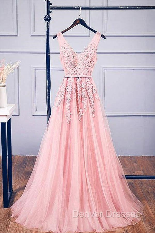 A-Line V Neck Pink Tulle Lace Applique Long Prom Dress Evening Dress