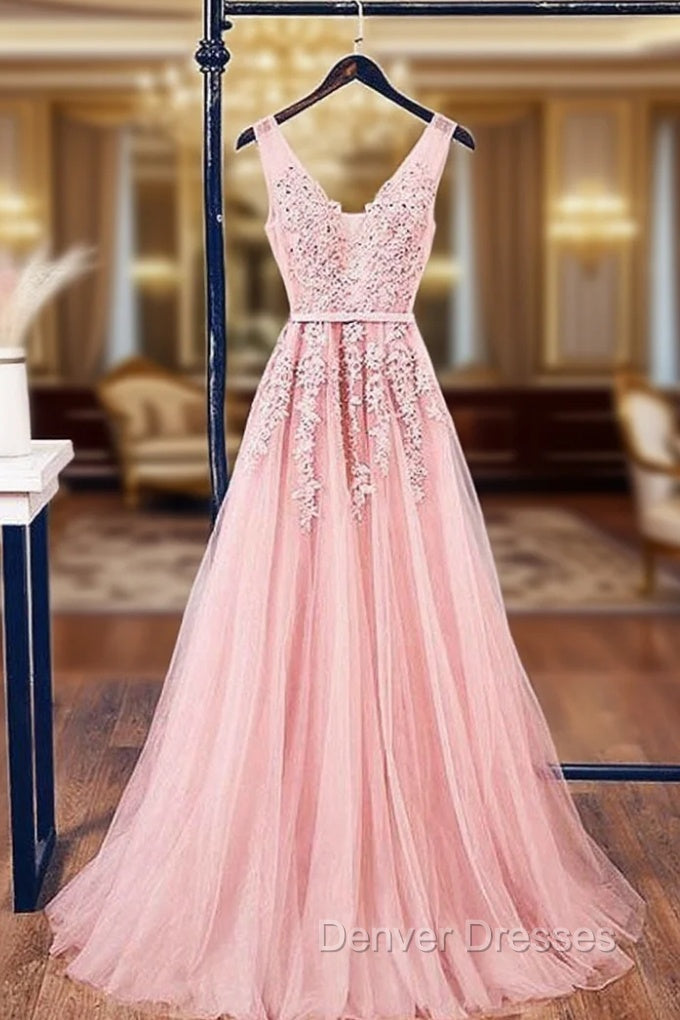 A-Line V Neck Pink Tulle Lace Applique Long Prom Dress Evening Dress Main image