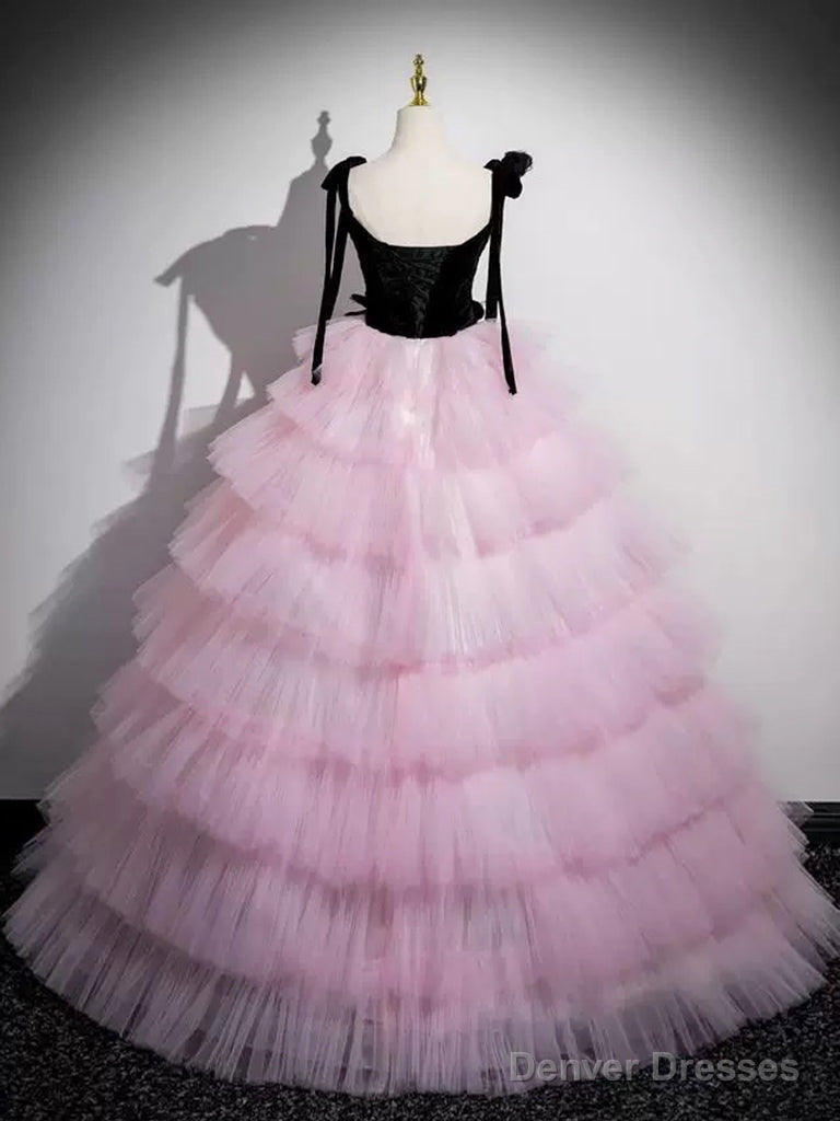 A-Line V Neck Pink Tulle Long Prom Dress, Pink Long Formal Dress