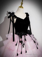 A-Line V Neck Pink Tulle Long Prom Dress, Pink Long Formal Dress