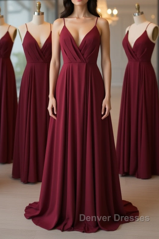 A Line V Neck Pleated Burgundy Long Prom Dress, V Neck Burgundy Long Evening Dress, Burgundy Graduation Dress, Formal Dress