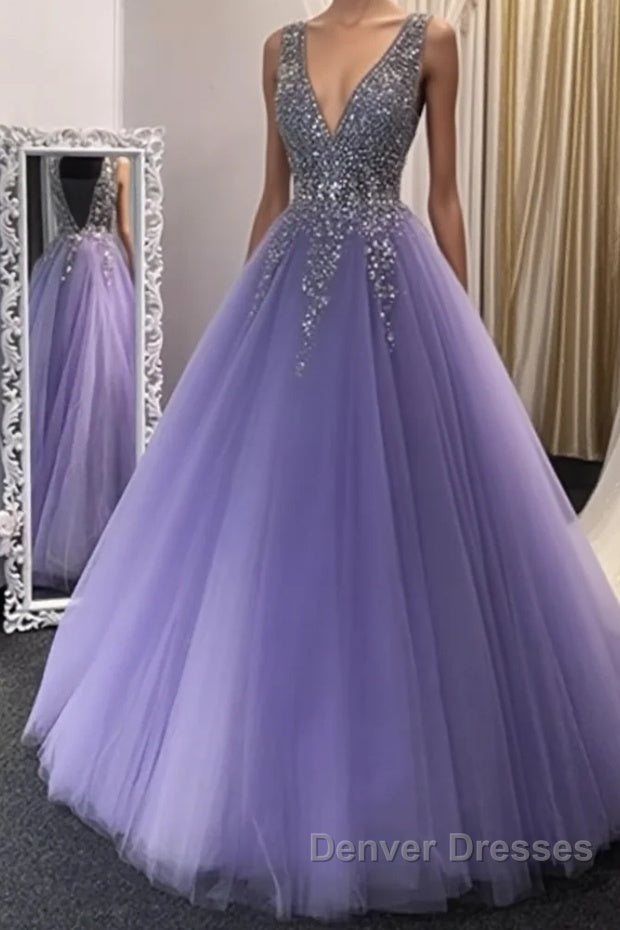 A Line V Neck Purple Beaded Long Prom Dress, Lilac Long Formal Evening Dress with Beadings Main image