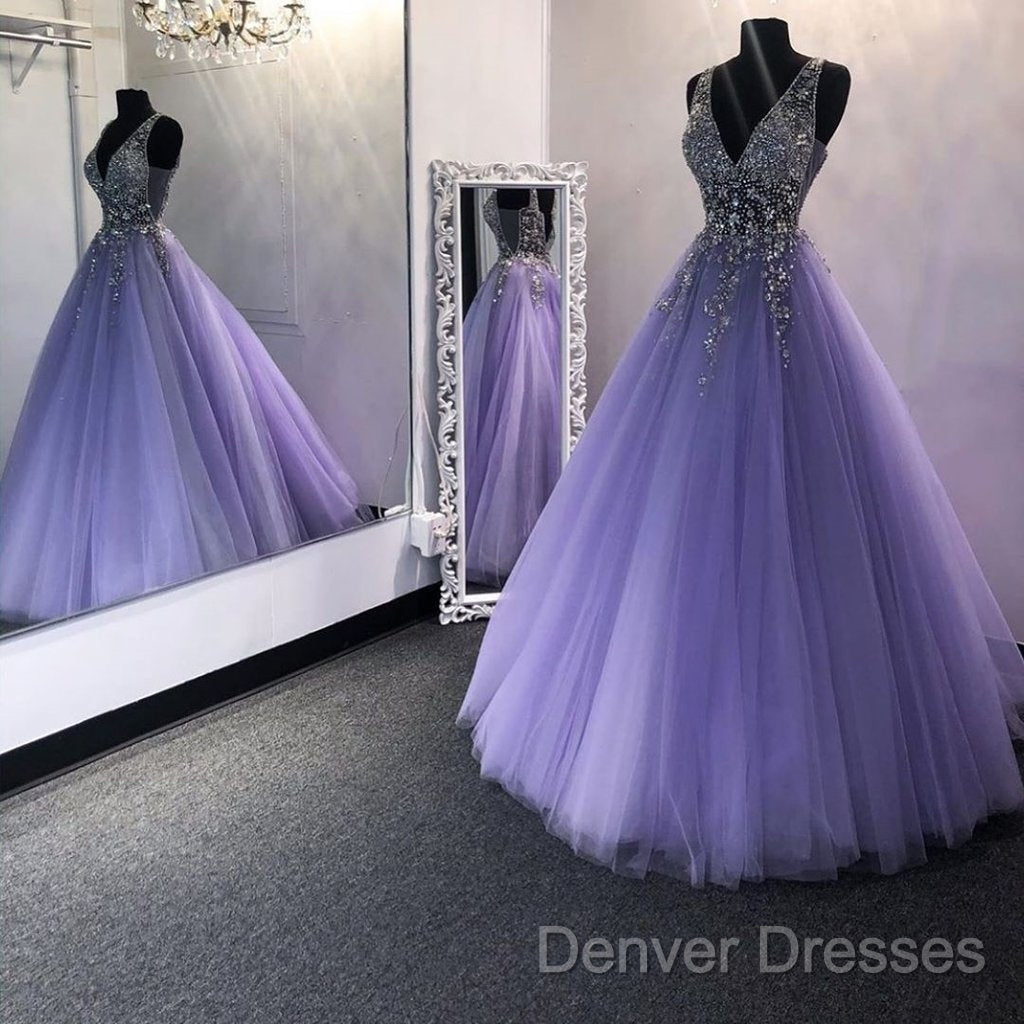 A Line V Neck Purple Beaded Long Prom Dress, V Neck Backless Purple Long Formal Evening Dress