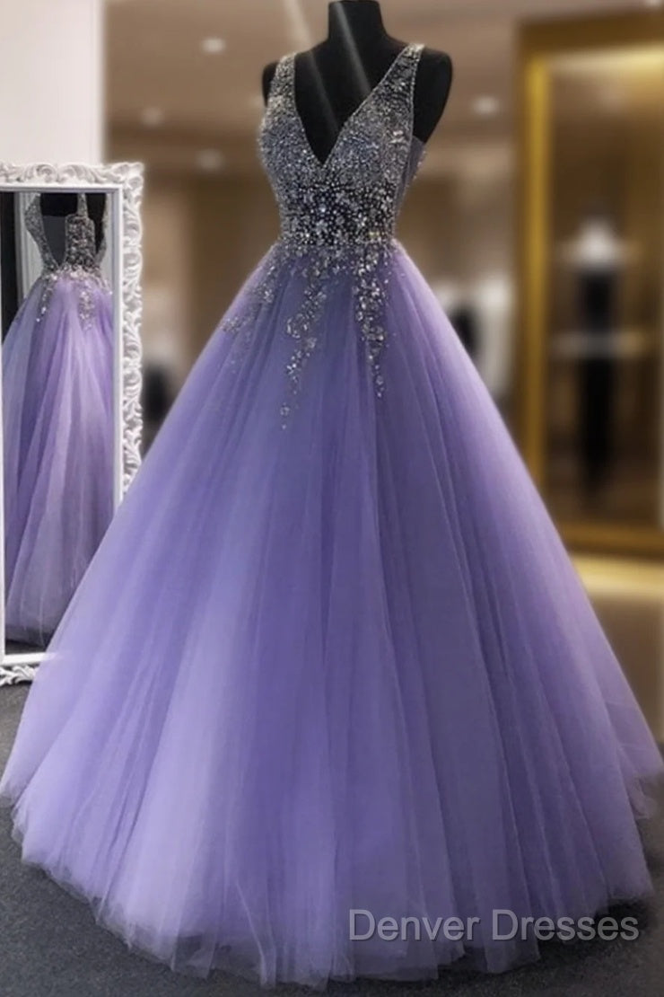 A Line V Neck Purple Beaded Long Prom Dress, V Neck Backless Purple Long Formal Evening Dress