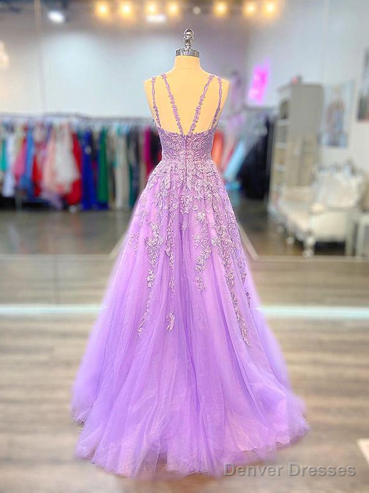 A Line V Neck Purple Lace Prom Dresses, Purple Lace Formal Evening Dresses Secondary image