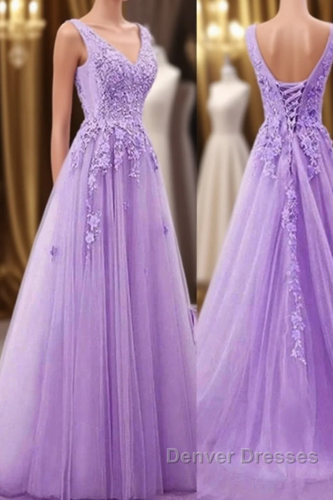 A Line V Neck Purple Lace Prom Dress, Purple Lace Long Formal Bridesmaid Dress Main image