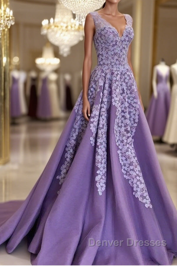 A Line V Neck Purple Long Prom Dress with Lace Appliques, V Neck Purple Formal Evening Dress Main image