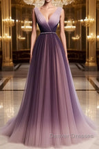 A Line V Neck Purple Ombre Prom Dress, V Neck Purple Ombre Formal Evening Bridesmaid Dress