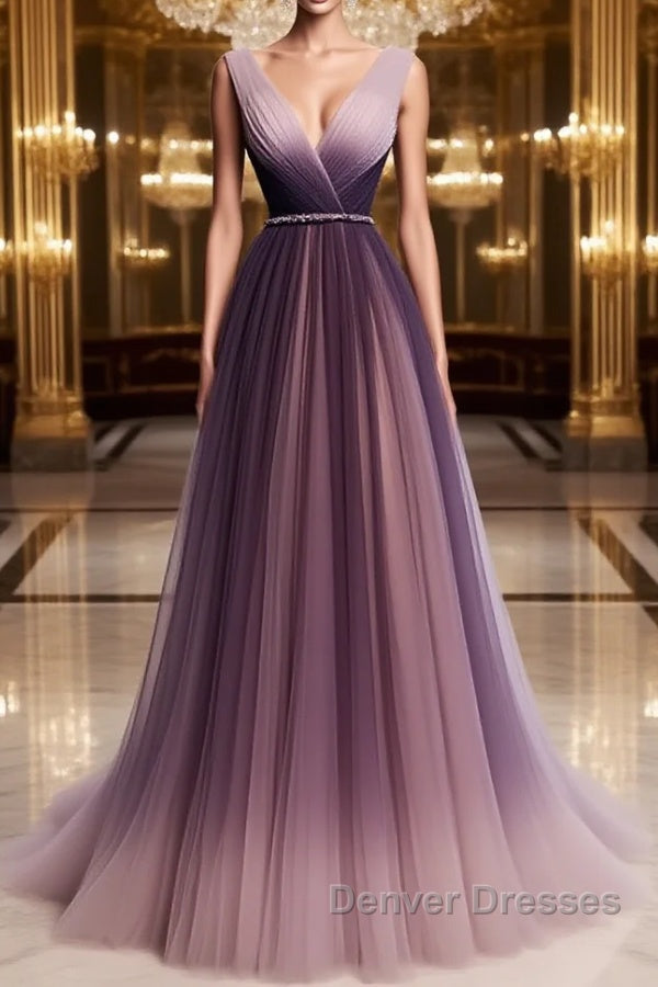 A Line V Neck Purple Ombre Prom Dress, V Neck Purple Ombre Formal Evening Bridesmaid Dress Main image