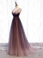 A Line V Neck Purple Ombre Prom Dress, V Neck Purple Ombre Formal Evening Bridesmaid Dress