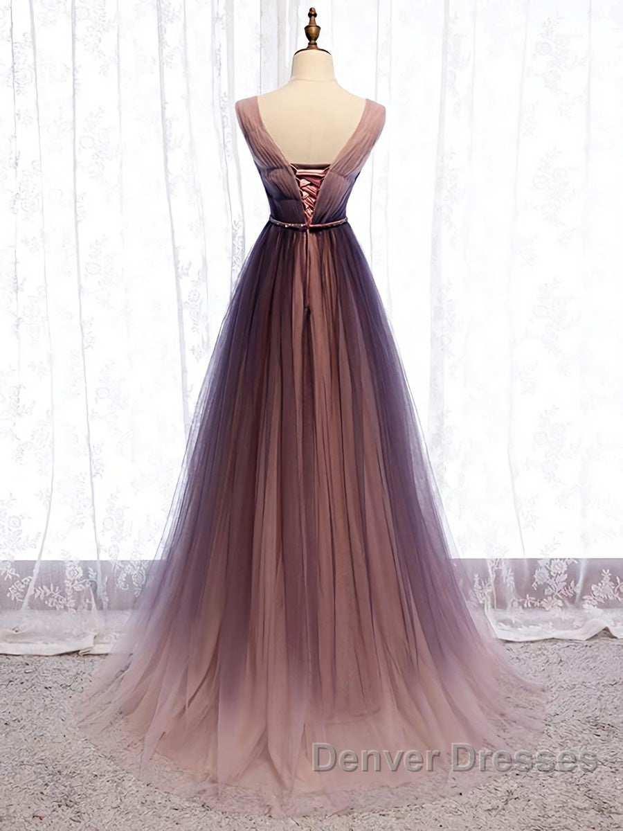 A Line V Neck Purple Ombre Prom Dress, V Neck Purple Ombre Formal Evening Bridesmaid Dress