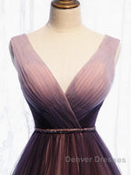 A Line V Neck Purple Ombre Prom Dress, V Neck Purple Ombre Formal Evening Bridesmaid Dress