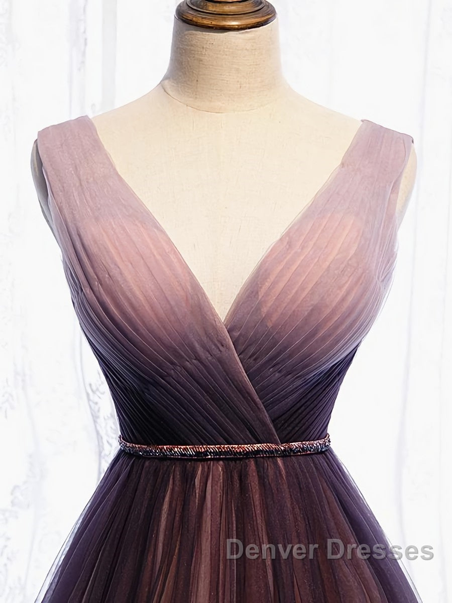 A Line V Neck Purple Ombre Prom Dress, V Neck Purple Ombre Formal Evening Bridesmaid Dress