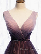 A Line V Neck Purple Ombre Prom Dress, V Neck Purple Ombre Formal Evening Bridesmaid Dress