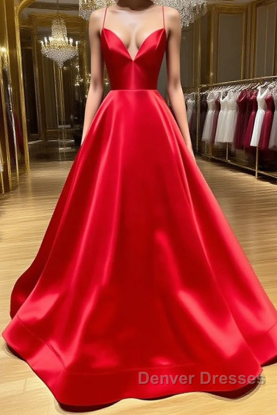 A Line V Neck Red Backless Prom Dress, Red Backless Long Formal Evening Graduation Dress