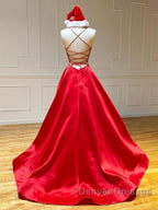 A Line V Neck Red Backless Prom Dress, Red Backless Long Formal Evening Graduation Dress