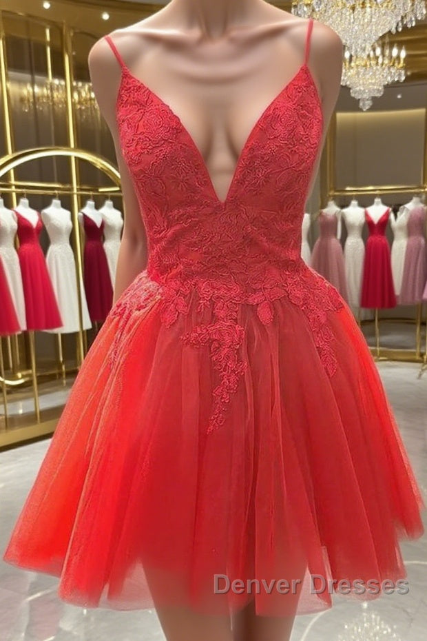 A Line V Neck Red Lace Short Prom Dress, Red Lace Homecoming Dress Main image