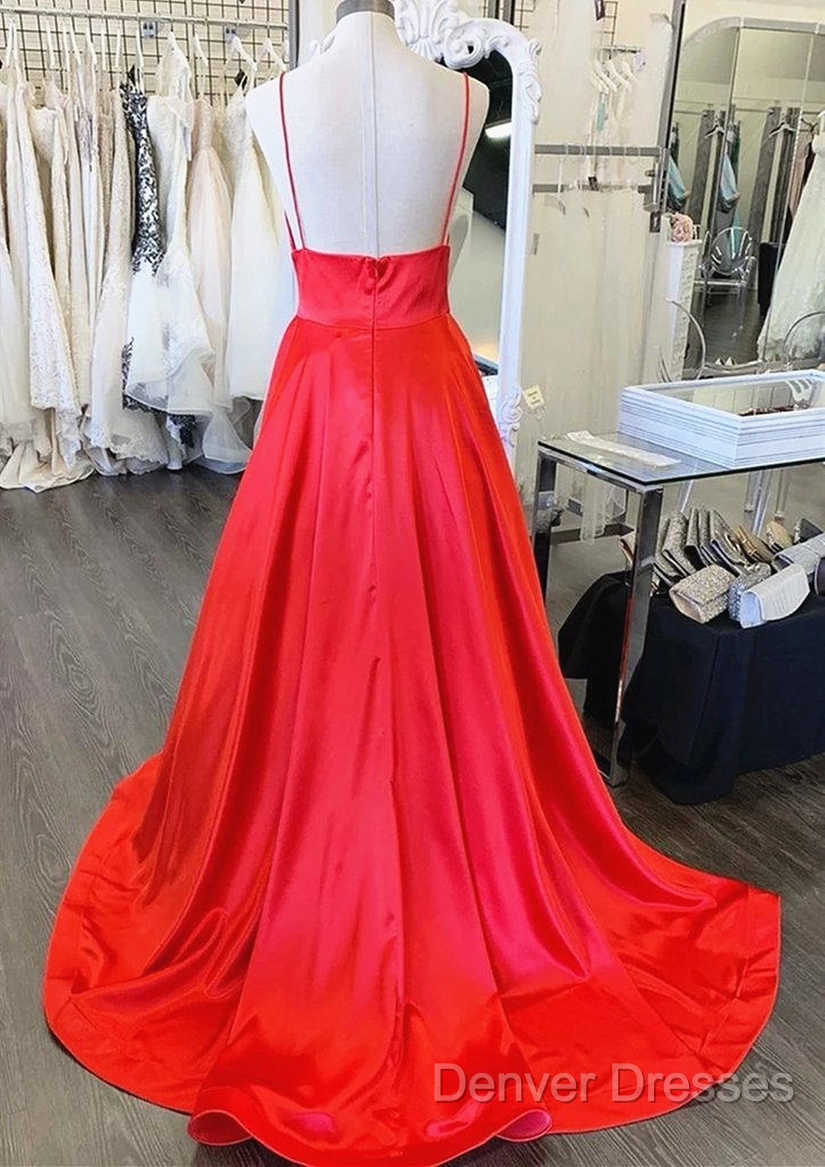 A Line V Neck Red Long Prom Dress, Red V Neck Long Formal Evening Bridesmaid Dress