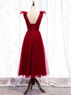 A Line V Neck Red Tea Length Prom Dress with Corset Back, Red Tea Length Formal Graduation Dress