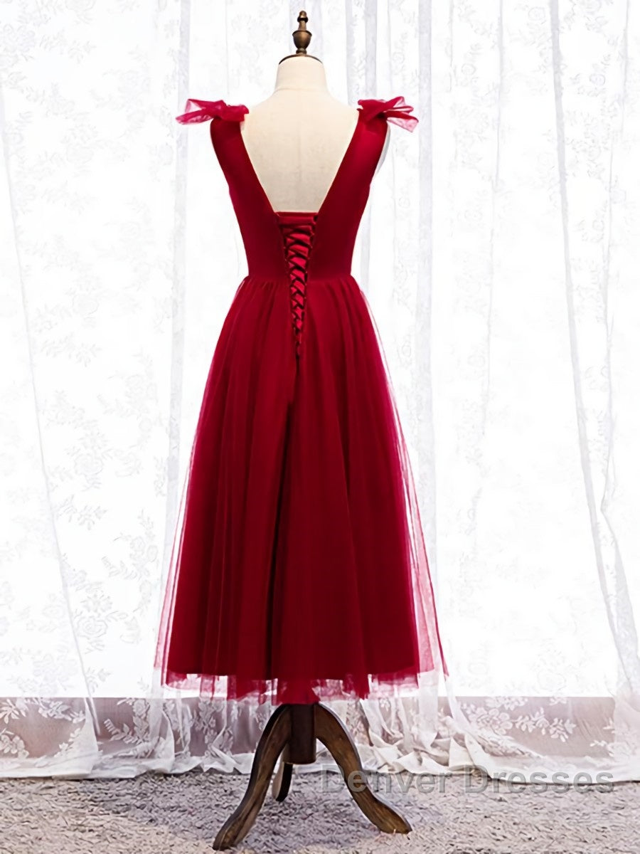 A Line V Neck Red Tea Length Prom Dress with Corset Back, Red Tea Length Formal Graduation Dress