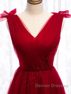 A Line V Neck Red Tea Length Prom Dress with Corset Back, Red Tea Length Formal Graduation Dress