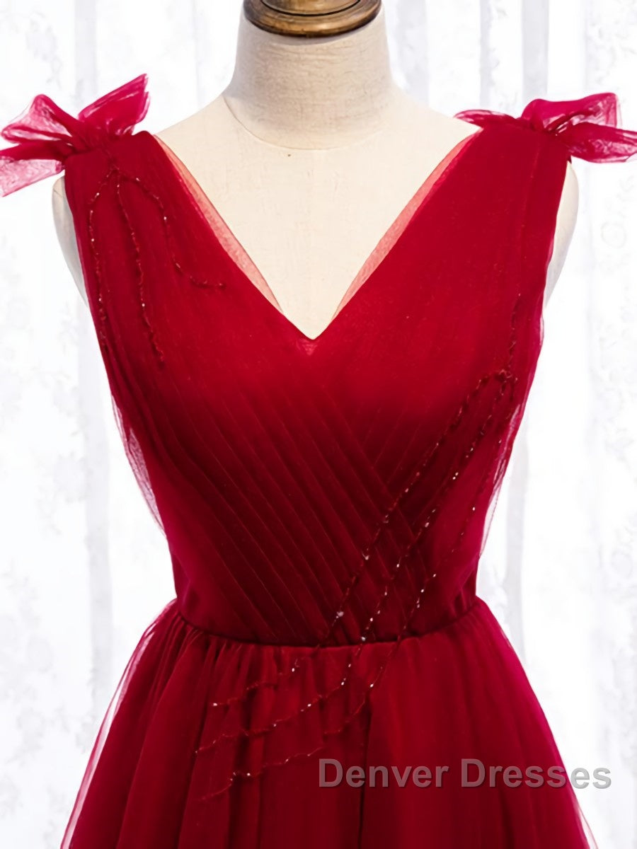 A Line V Neck Red Tea Length Prom Dress with Corset Back, Red Tea Length Formal Graduation Dress