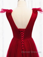 A Line V Neck Red Tea Length Prom Dress with Corset Back, Red Tea Length Formal Graduation Dress