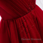 A Line V Neck Red Tea Length Prom Dress with Corset Back, Red Tea Length Formal Graduation Dress