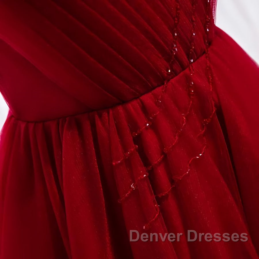 A Line V Neck Red Tea Length Prom Dress with Corset Back, Red Tea Length Formal Graduation Dress