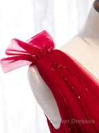 A Line V Neck Red Tea Length Prom Dress with Corset Back, Red Tea Length Formal Graduation Dress