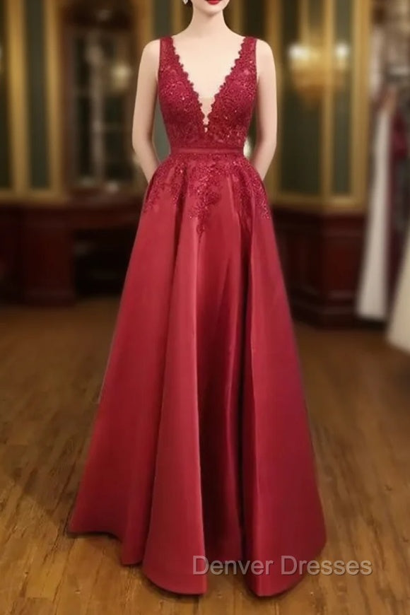 A-line V Neck Regular Straps Long/Floor-Length Satin Prom Dress With Appliqued Beading