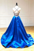 A Line V Neck Royal Blue Backless Prom Dress, Open Back Royal Blue Formal Evening Graduation Dress