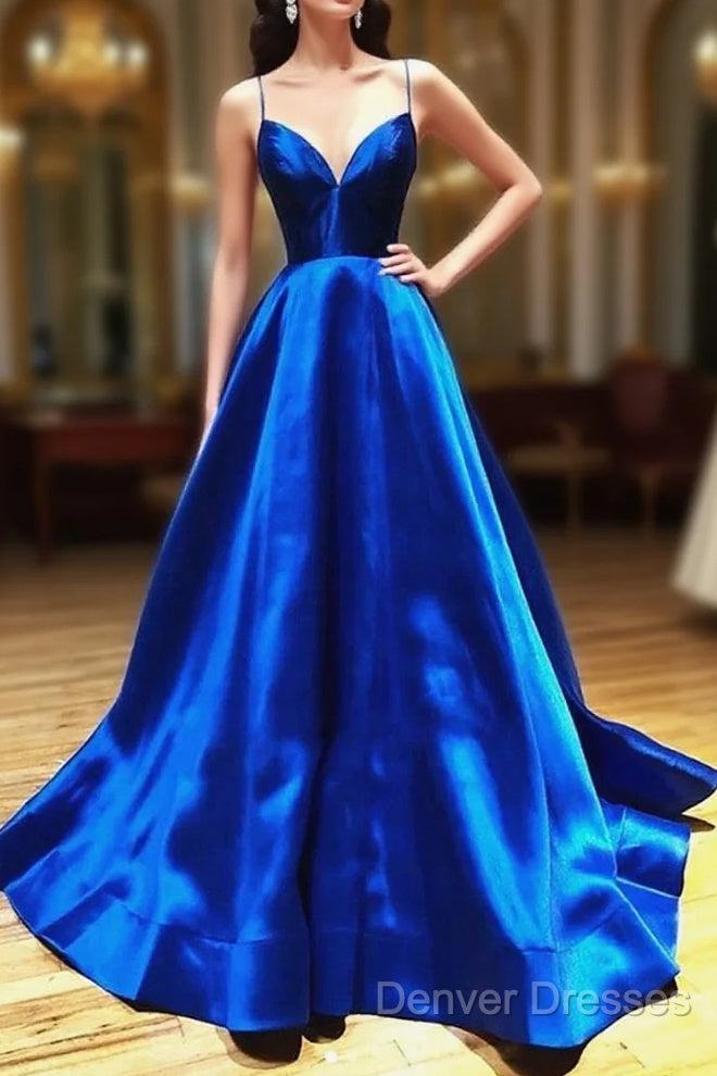 A Line V Neck Royal Blue Backless Prom Dress, Open Back Royal Blue Formal Evening Graduation Dress Main image