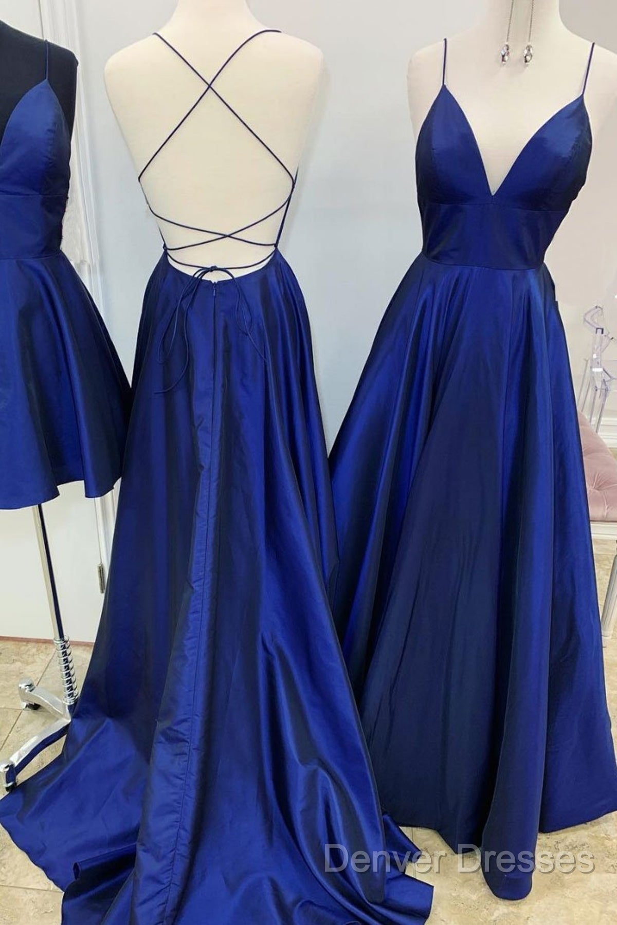 A Line V Neck Royal Blue Backless Prom Dress, Royal Blue Backless Formal Evening Bridesmaid Dress