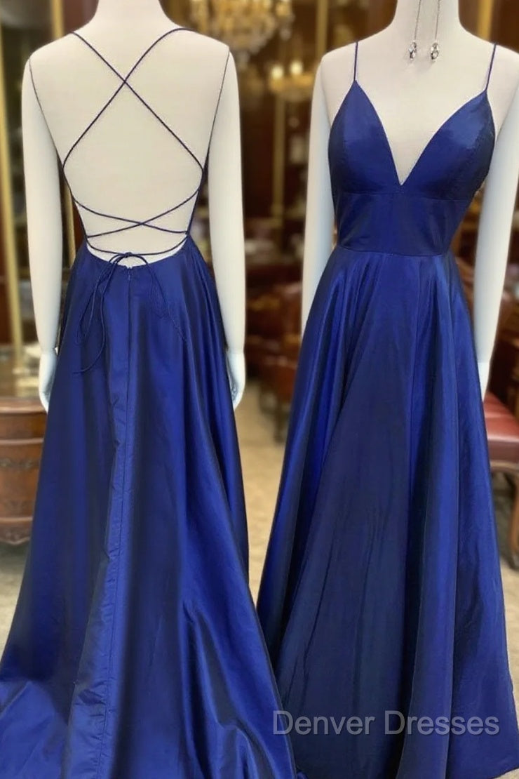 A Line V Neck Royal Blue Backless Prom Dress, Royal Blue Backless Formal Evening Bridesmaid Dress Main image