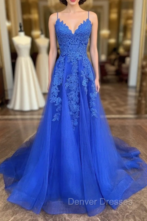 A Line V Neck Royal Blue Lace Prom Dress, Royal Blue Lace Formal Evening Dress Main image