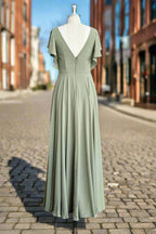 A-line V-neck Ruffle Sleeves Pleats Chiffon Bridesmaid Dress with Ruffles