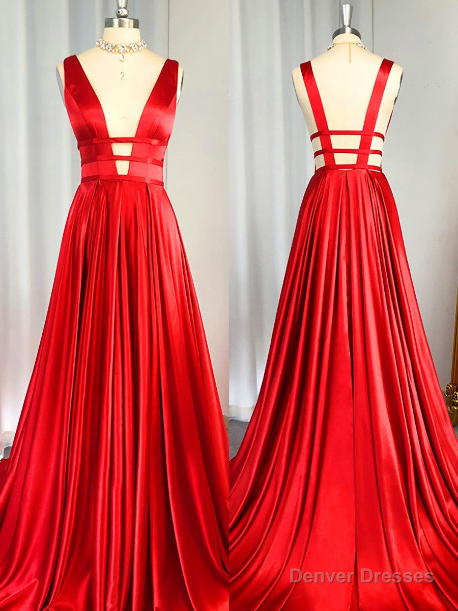 A-line V-neck Ruffles Sweep Train Elastic Woven Satin Dress Main image