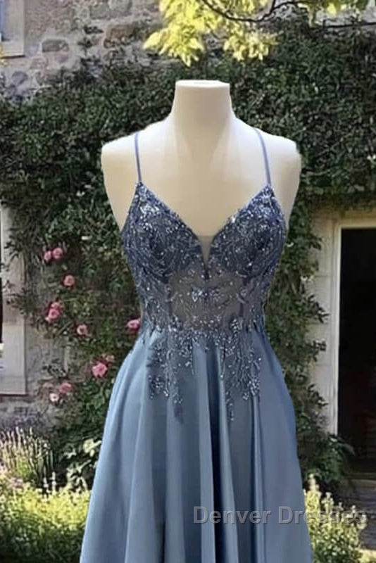 A-Line V Neck Satin Beaded Gown