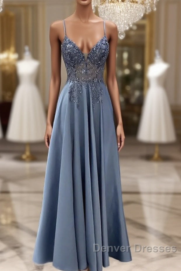 A-Line V Neck Satin Beaded Gown Main image